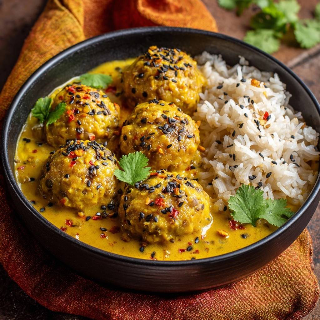 Sesam-Spinat-Koftas in goldener Kokoscurry-Sauce, garniert mit schwarzem Sesam und Chili, serviert mit Reis.