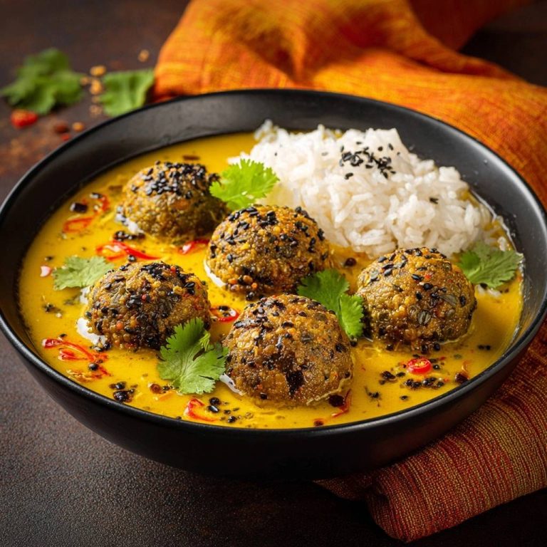Sesam-Spinat-Koftas in Goldener Kokoscurry-Sauce werden in einer schwarzen Schüssel mit Reis und Koriander serviert.