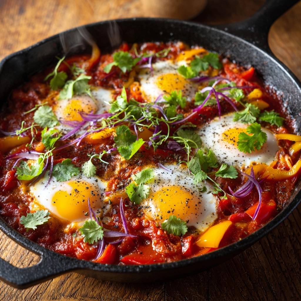 Shakshuka mit dicker Sauce, garniert mit frischen Kräutern und roten Zwiebeln in einer schwarzen Pfanne.