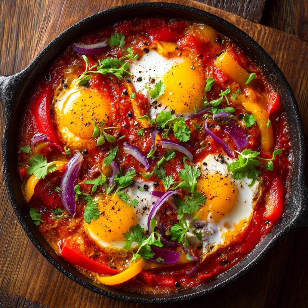 Shakshuka mit dicker Sauce, vier pochierten Eiern und frischen Kräutern, im gusseisernen Pfanne von oben fotografiert.