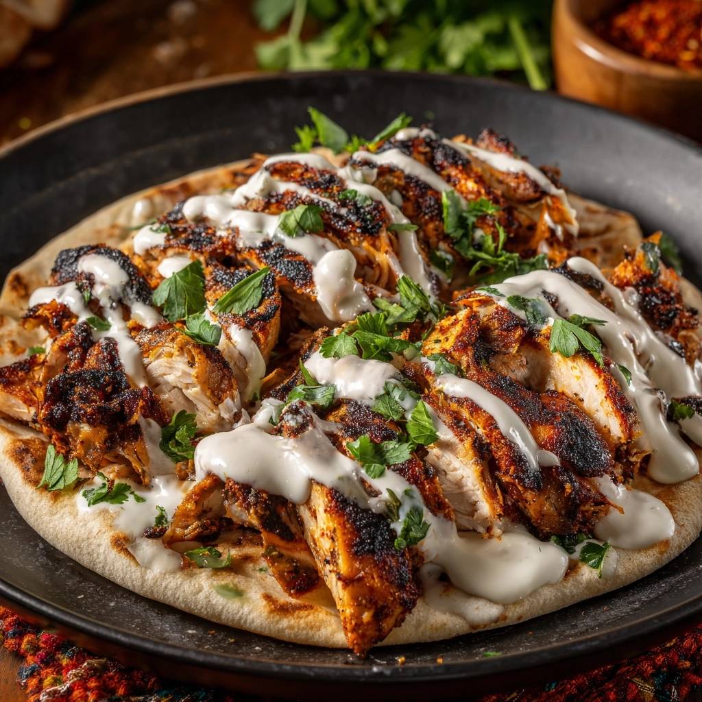 Saftiges Shawarma-Hähnchen auf Fladenbrot, garniert mit frischer Petersilie und cremiger Sauce, Nahaufnahme