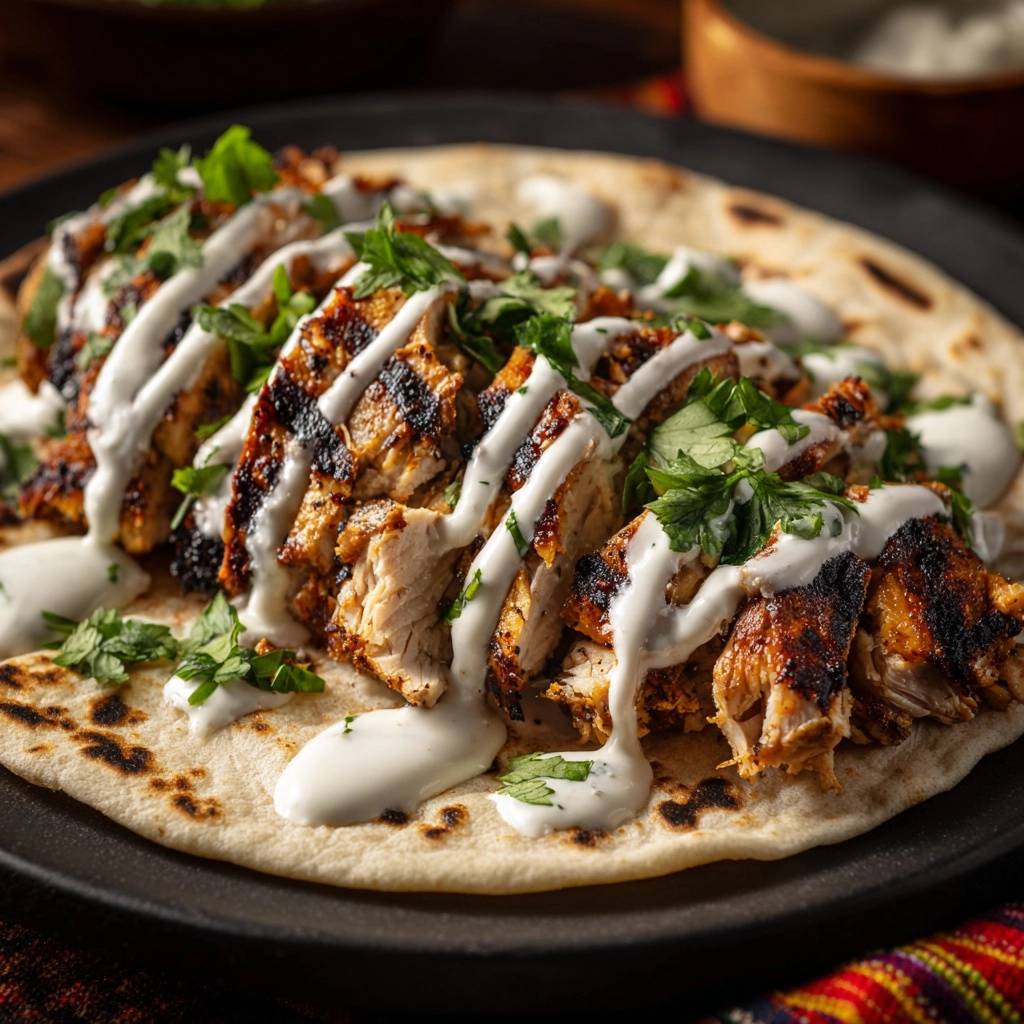 Saftiges Shawarma-Hähnchen auf Fladenbrot, übergossen mit cremiger Sauce und garniert mit frischer Petersilie, Nahaufnahme.