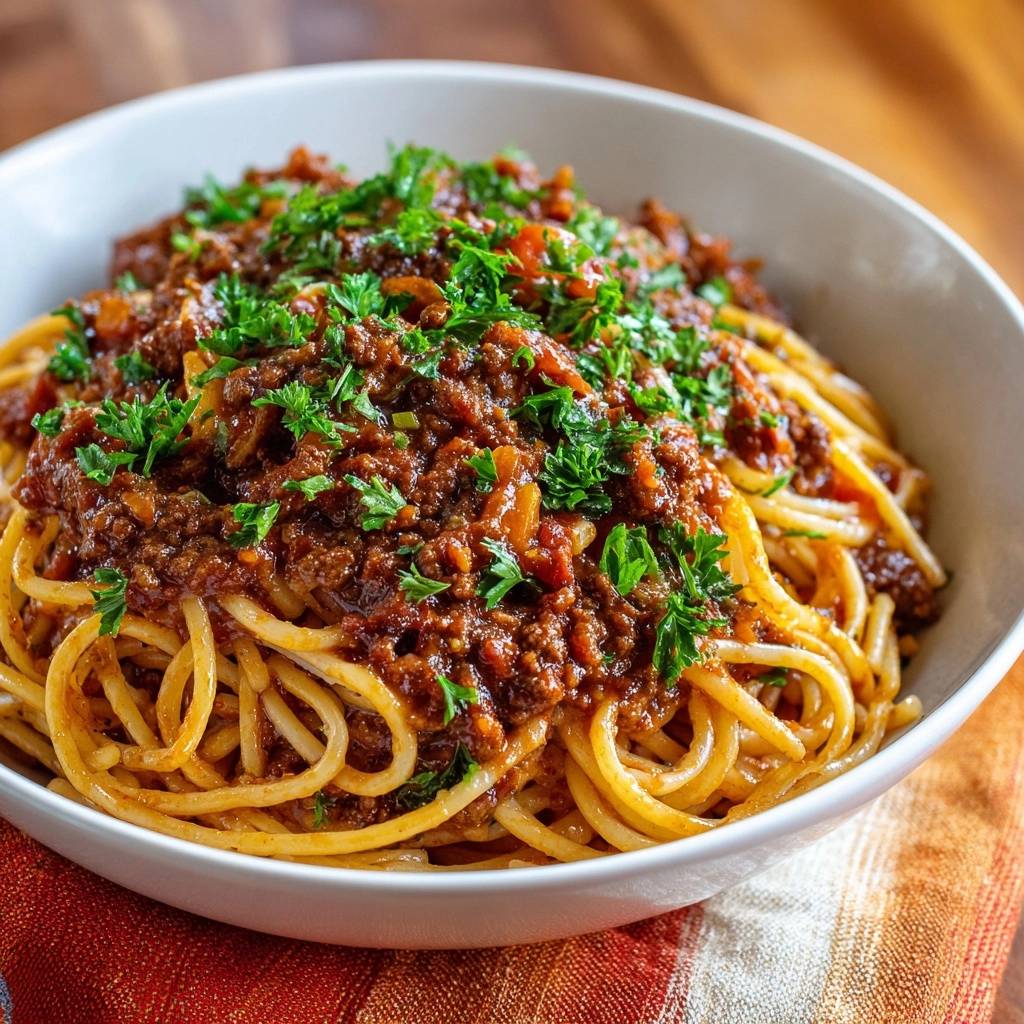Perfekte Spaghetti Bolognese garniert mit frischer Petersilie in einer weißen Schüssel auf einem gestreiften Tuch.