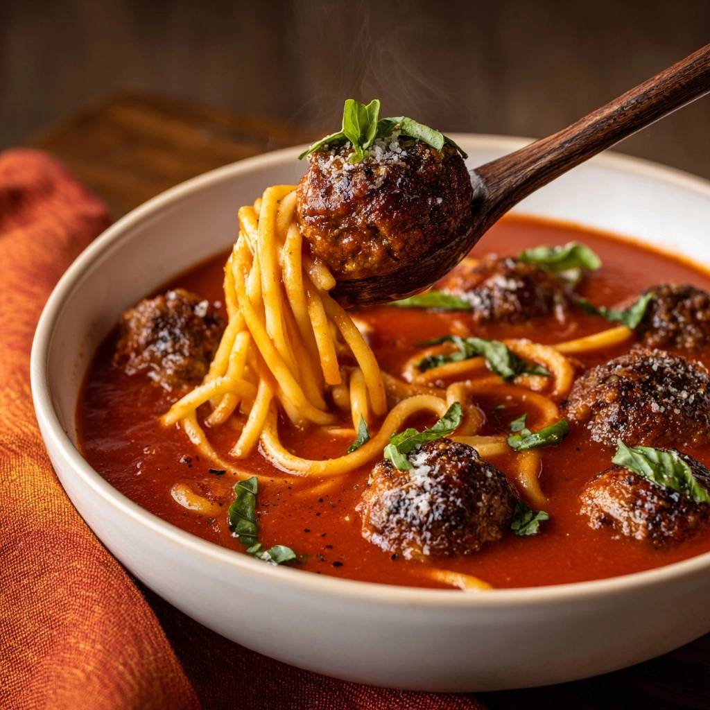 Herzhafte Spaghetti-Fleischbällchen-Suppe, serviert auf einem Löffel mit Nudeln und Fleischbällchen, mit frischem Basilikum garniert.