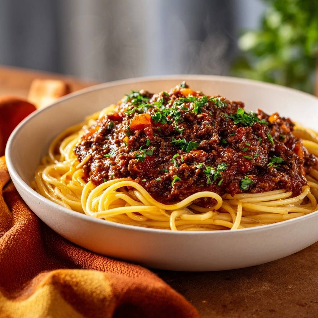 Perfekte Spaghetti Bolognese mit einer Nahaufnahme der fleischigen Soße und frischer Petersilie garniert.