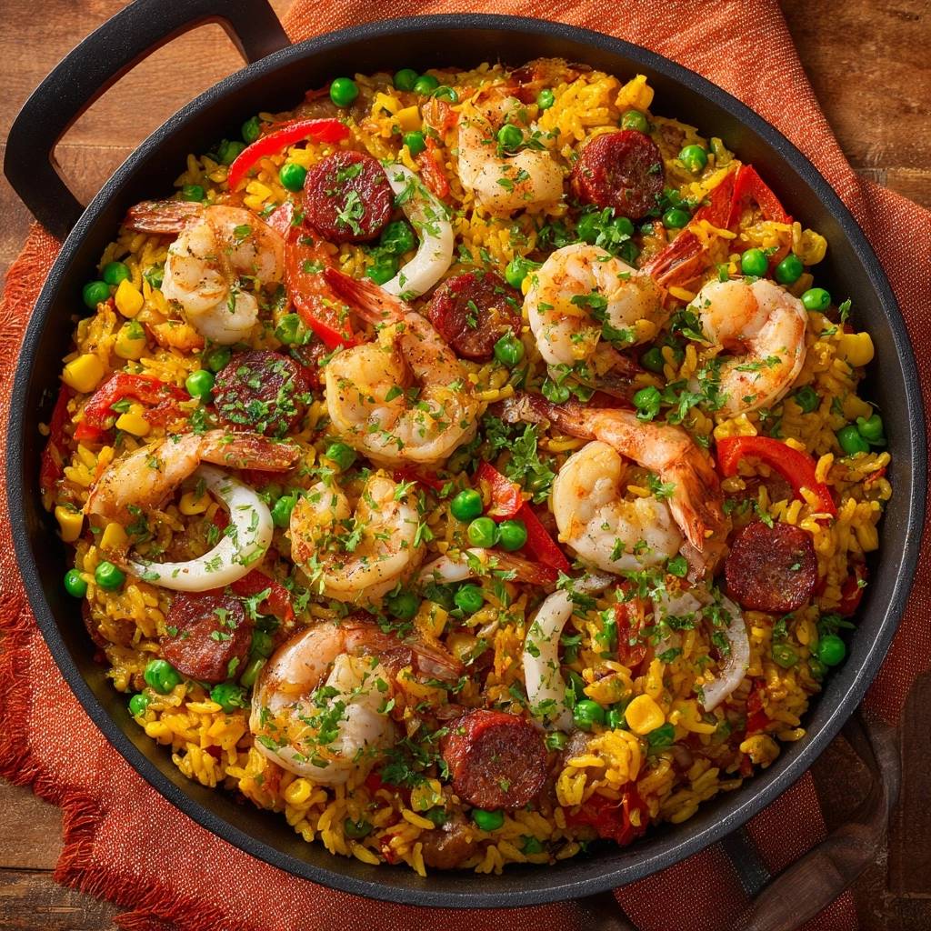 Spanische Paella mit Garnelen, Calamari und Chorizo in einer Pfanne, von oben gesehen mit Reis und Gemüse.