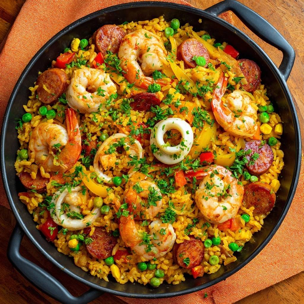 Spanische Paella mit Garnelen, Calamari und Chorizo, eine Draufsicht auf den vollen Paella-Pfanne mit reichlich Belag.