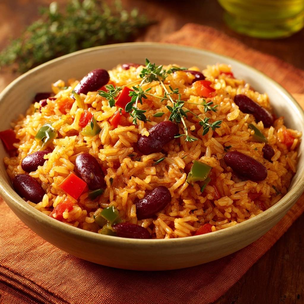 Spanischer Bohnenreis mit Paprika und Oliven, garniert mit frischen Kräutern in einer Schüssel