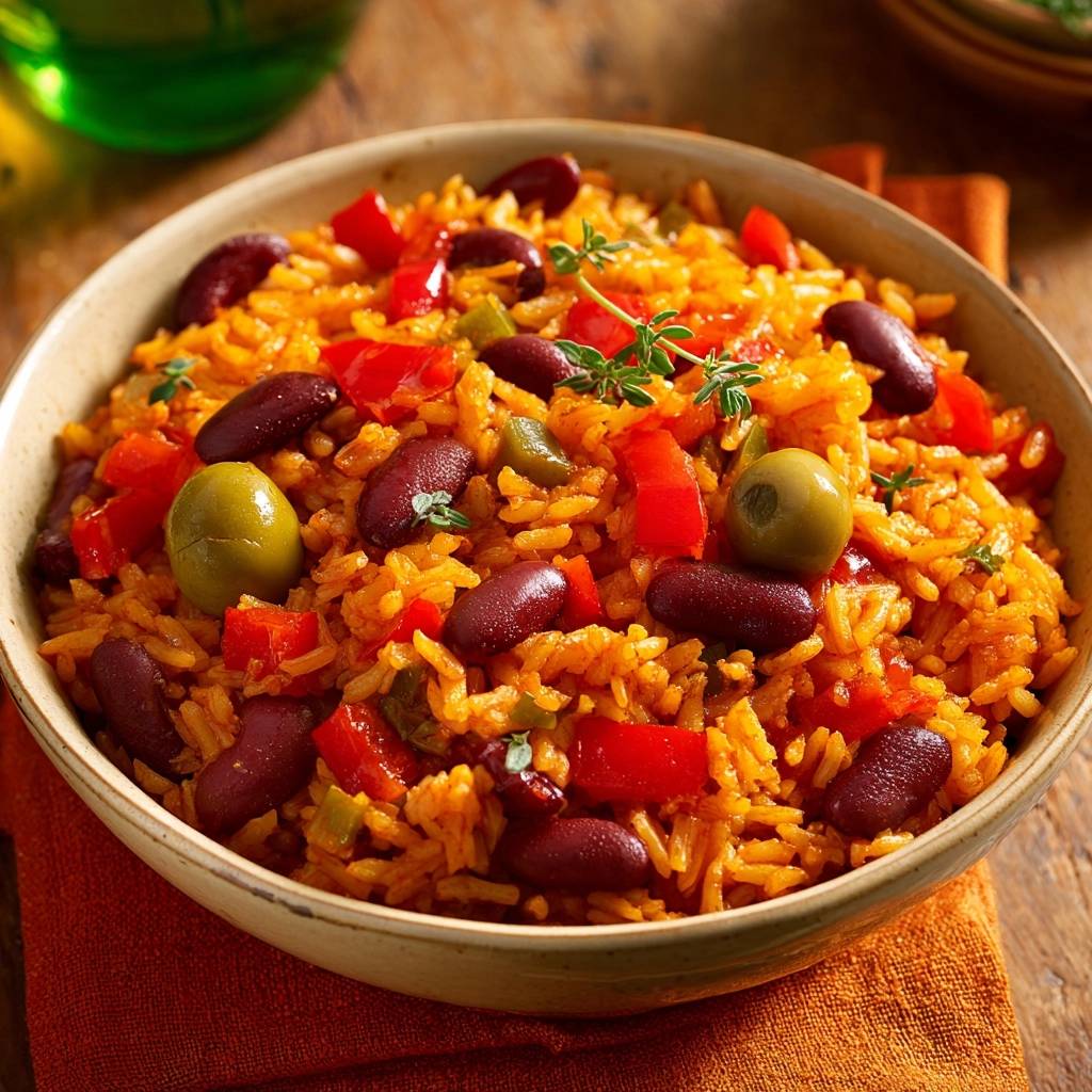 Spanischer Bohnenreis mit Paprika & Oliven als Nahaufnahme in einer Schüssel mit frischen Kräutern garniert.