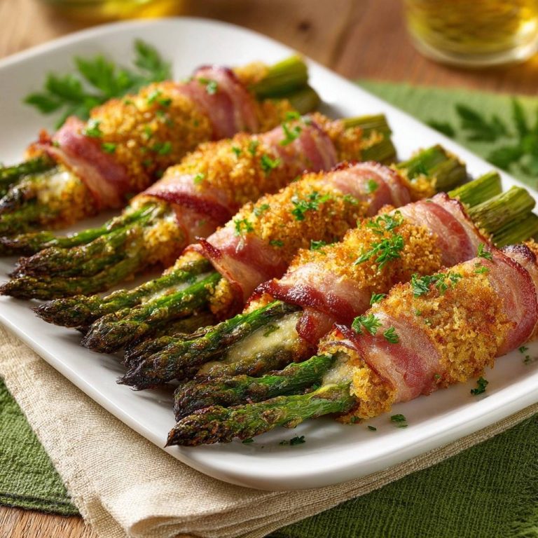 Knusprige Spargel-Bacon-Röllchen auf einer weißen Platte mit frischer Petersilie garniert