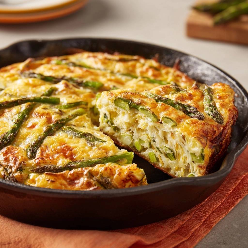 Herzhafte Spargel-Frittata aus der Pfanne angeschnitten in einer Nahaufnahme, mit goldbrauner Kruste und frischem Spargel.