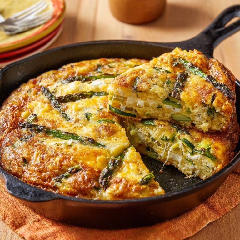 Herzhafte Spargel-Frittata aus der Pfanne, angeschnitten und mit einem Stück herausgenommen, das die goldbraune Kruste zeigt.