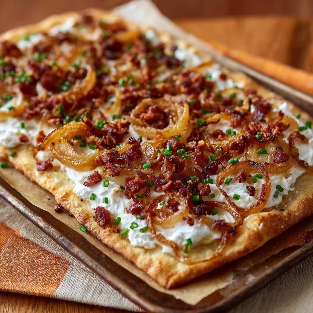 Knuspriger Speck-Zwiebel-Flammkuchen mit frischen Kräutern und geschmolzenem Käse, garniert mit Schnittlauch.