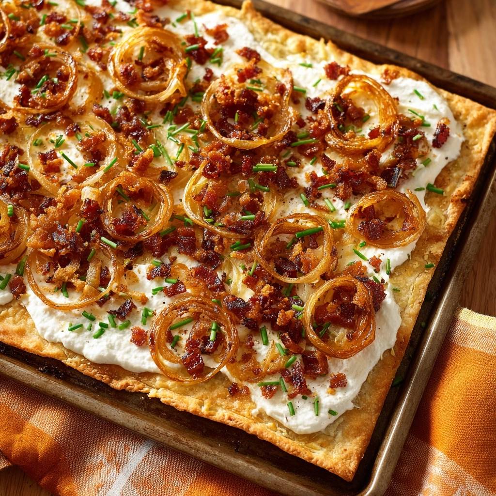 Knuspriger Speck-Zwiebel-Flammkuchen mit frischen Kräutern und Ringen aus karamellisierten Zwiebeln, nahaufnahme.