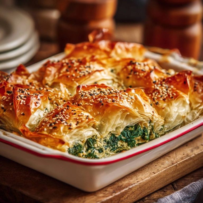 Knusprige Spinat-Feta-Pita mit einem Querschnitt, der die Schichten aus Teig und Füllung zeigt.