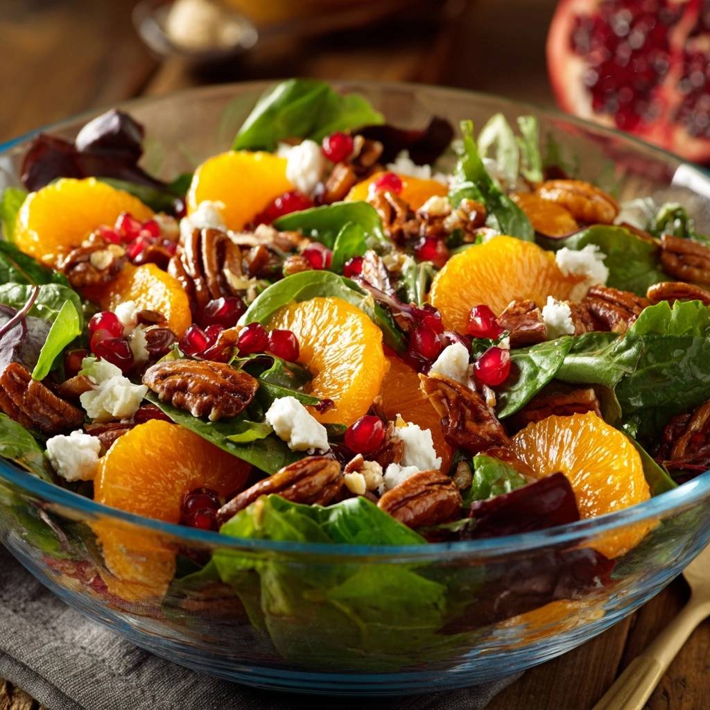 Spinat-Orangen-Feta-Salat mit Granatapfel und Pekannüssen, nahaufnahme der frischen Zutaten in einer Glasschüssel