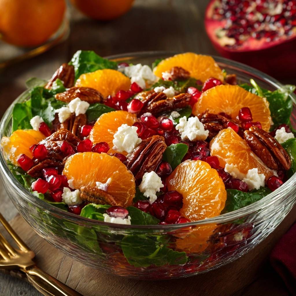Spinat-Orangen-Feta-Salat mit Granatapfel und Pekannüssen, Nahaufnahme des frischen Salats im Glas-Schüssel