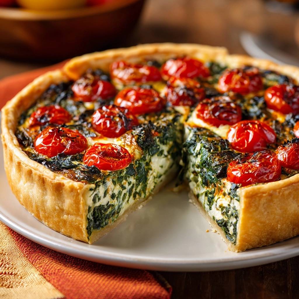 Knusprige Spinat-Tomaten-Quiche angeschnitten, die zeigt, wie saftig sie innen ist.