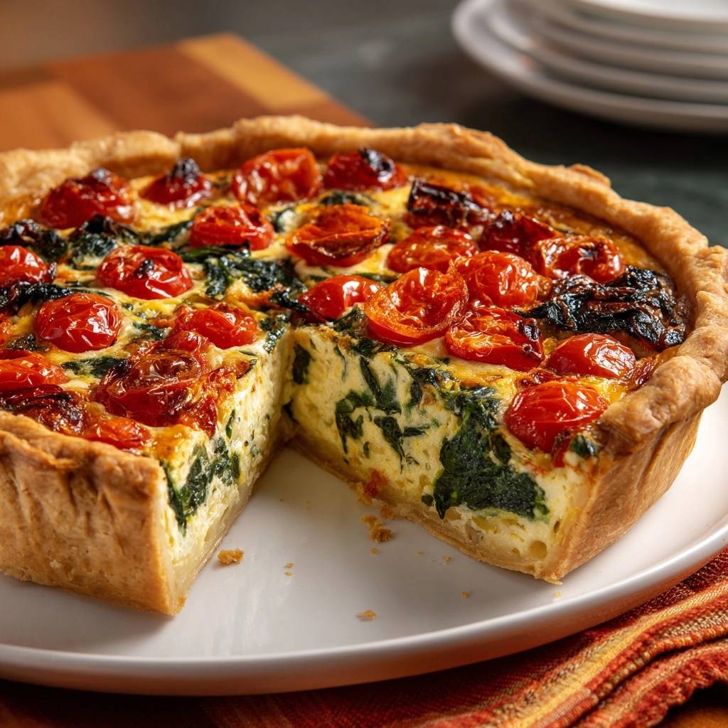 Knusprige Spinat-Tomaten-Quiche angeschnitten auf einem Teller, mit gebackenen Kirschtomaten und cremigem Inneren