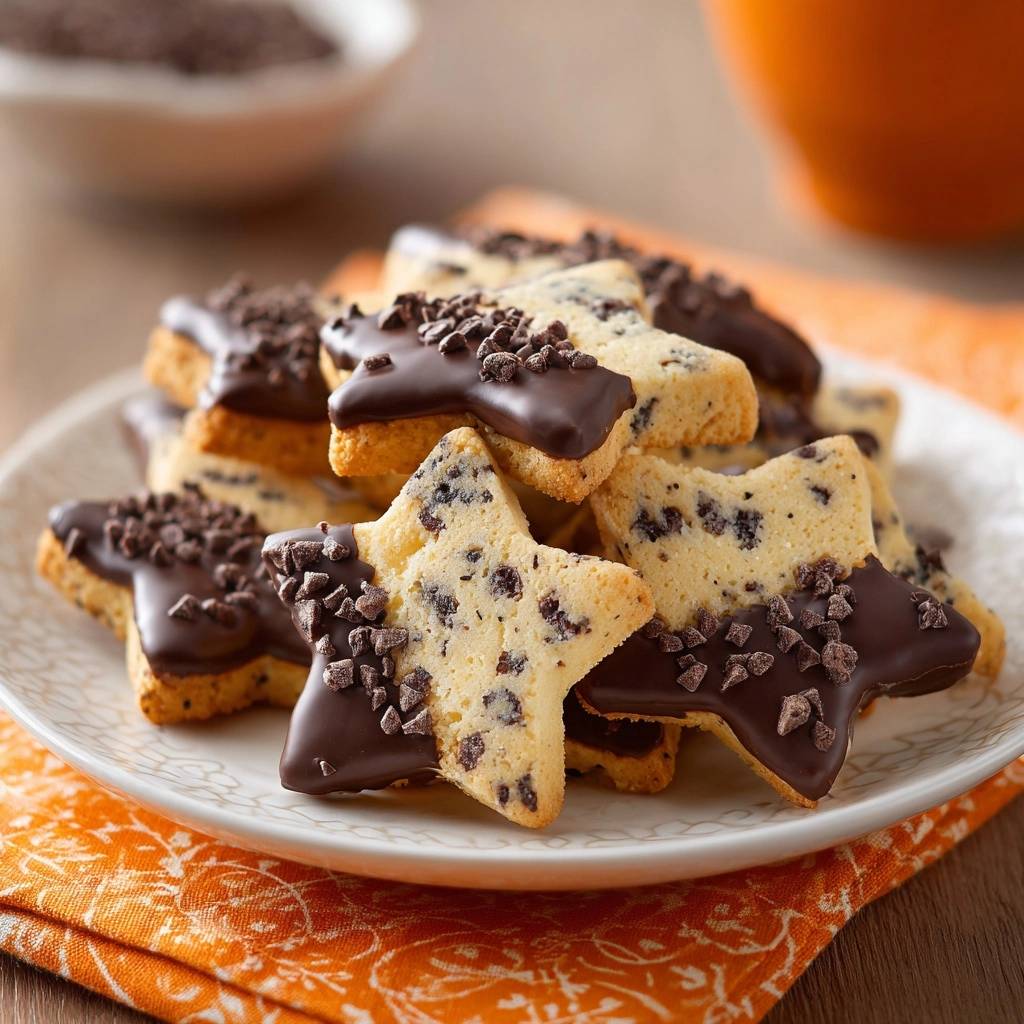 Sternige Schoko-Chip-Shortbread mit Schokoguss und feinen Schokostückchen auf einem Teller serviert.