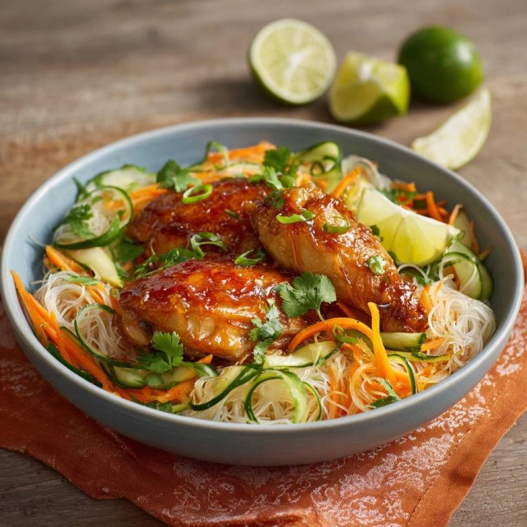 Sticky Lime Chicken mit Glasnudel-Bowl, serviert in einer blauen Schüssel mit garniertem Hähnchen und Gemüse.