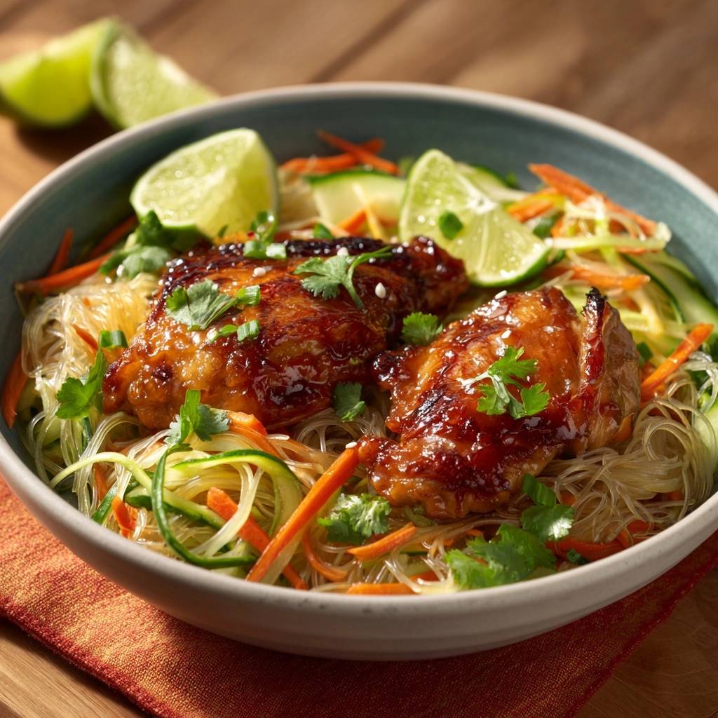 Sticky Lime Chicken mit Glasnudel-Bowl, nahaufnahme der glasierten Hähnchenschenkel auf Nudeln und Gemüse