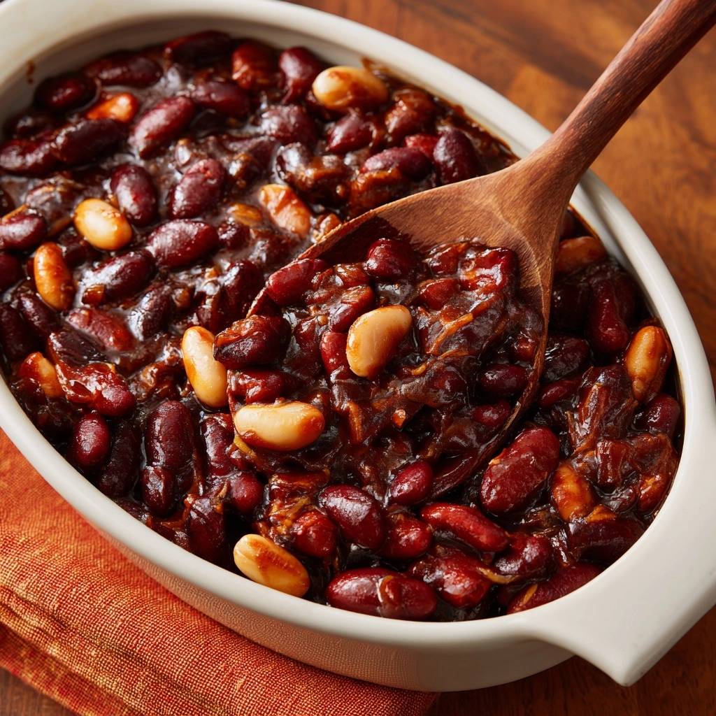 Süße Baked Beans mit einem Holzlöffel, nah aufgenommen, die reichhaltige Sauce und die Bohnentextur zur Geltung bringend.
