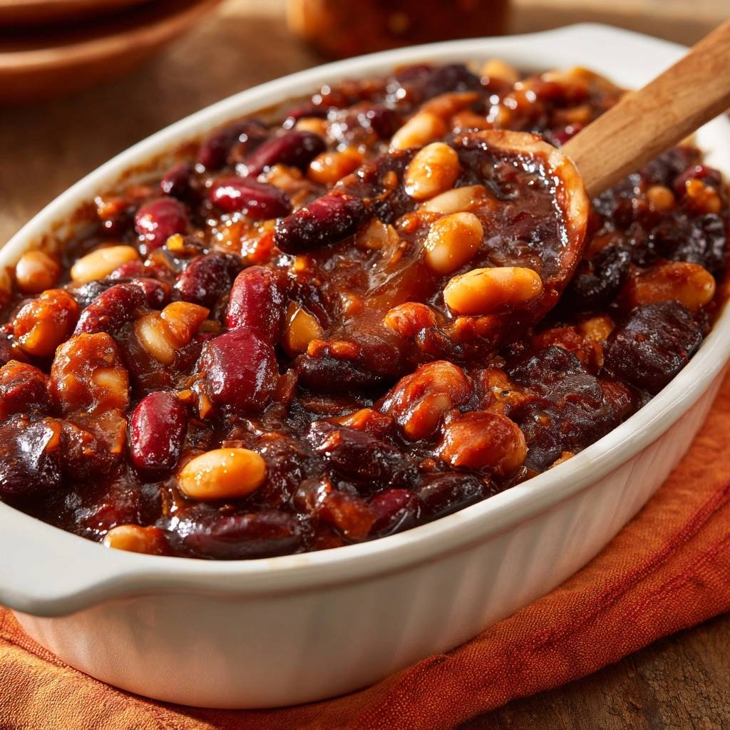 Süße Baked Beans mit einem Holzkochlöffel, Nahaufnahme der reichhaltigen, dunklen Sauce und verschiedener Bohnensorten.