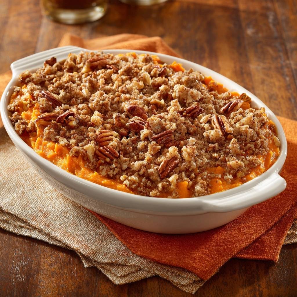 Süßkartoffel-Auflauf mit Pekannuss-Streuseln als Nahaufnahme mit sichtbaren Pekannüssen im Streusel-Topping.