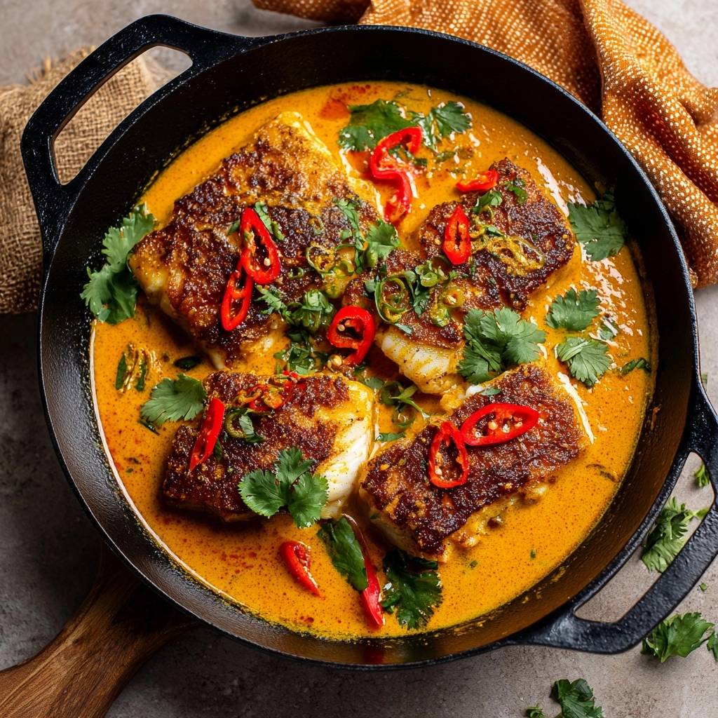 Thai-Fisch-Curry mit knuspriger Kruste wird in einer gusseisernen Pfanne mit Chili und Koriander garniert serviert.