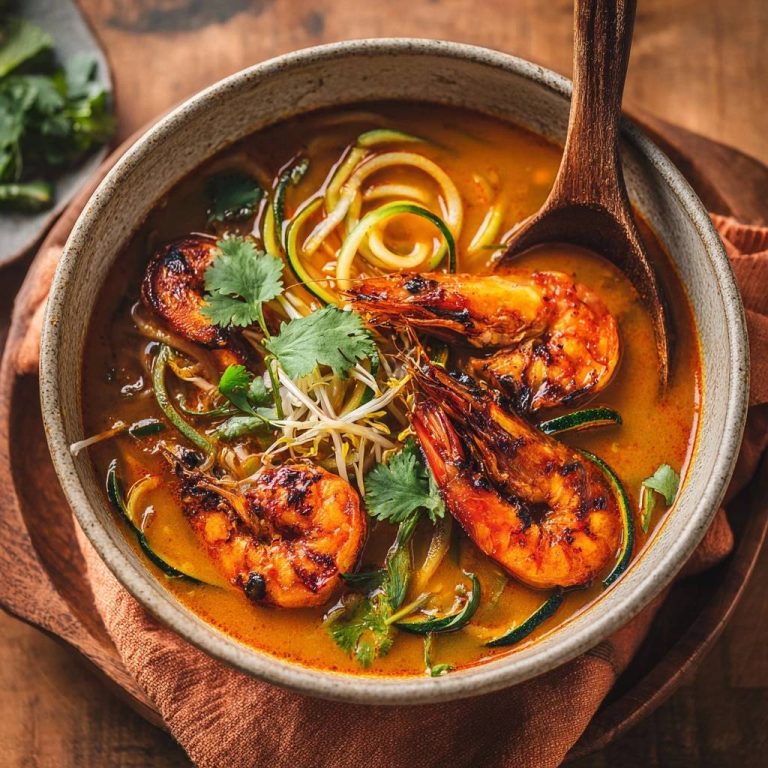 Thailändisches Garnelen-Curry mit Zucchini-Nudeln, serviert in einer Schüssel mit einem Holzkochlöffel und frischen Garnelen.