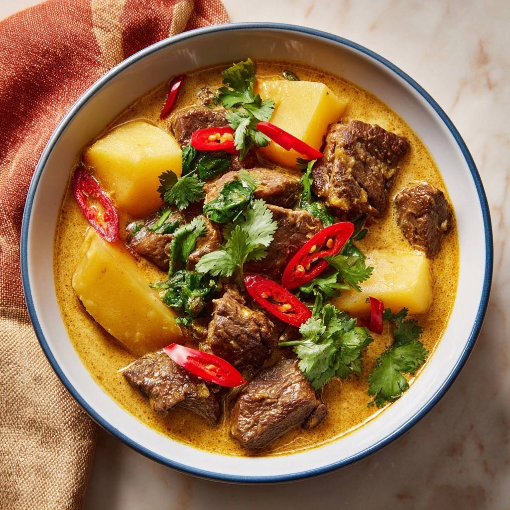 Thailändisches Rindfleisch-Curry mit Kartoffeln, garniert mit frischem Koriander und Chilischeiben, serviert in einer Schüssel.