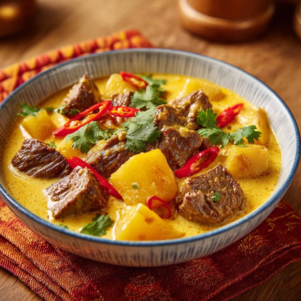 Thailändisches Rindfleisch-Curry mit Kartoffeln, eine Nahaufnahme mit frischem Koriander und Chilis garniert.