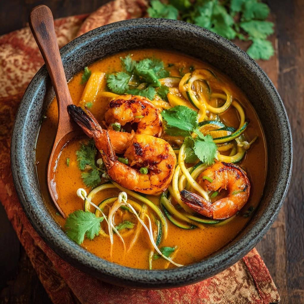 Thailändisches Garnelen-Curry mit Zucchini-Nudeln, serviert in einer Schüssel mit Holzlöffel und Garnitur aus Koriander.