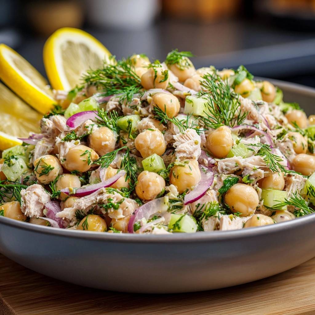 Frischer Thunfisch-Kichererbsen-Salat mit Dill, serviert mit Zitronenspalten als Garnitur in einer Schüssel.