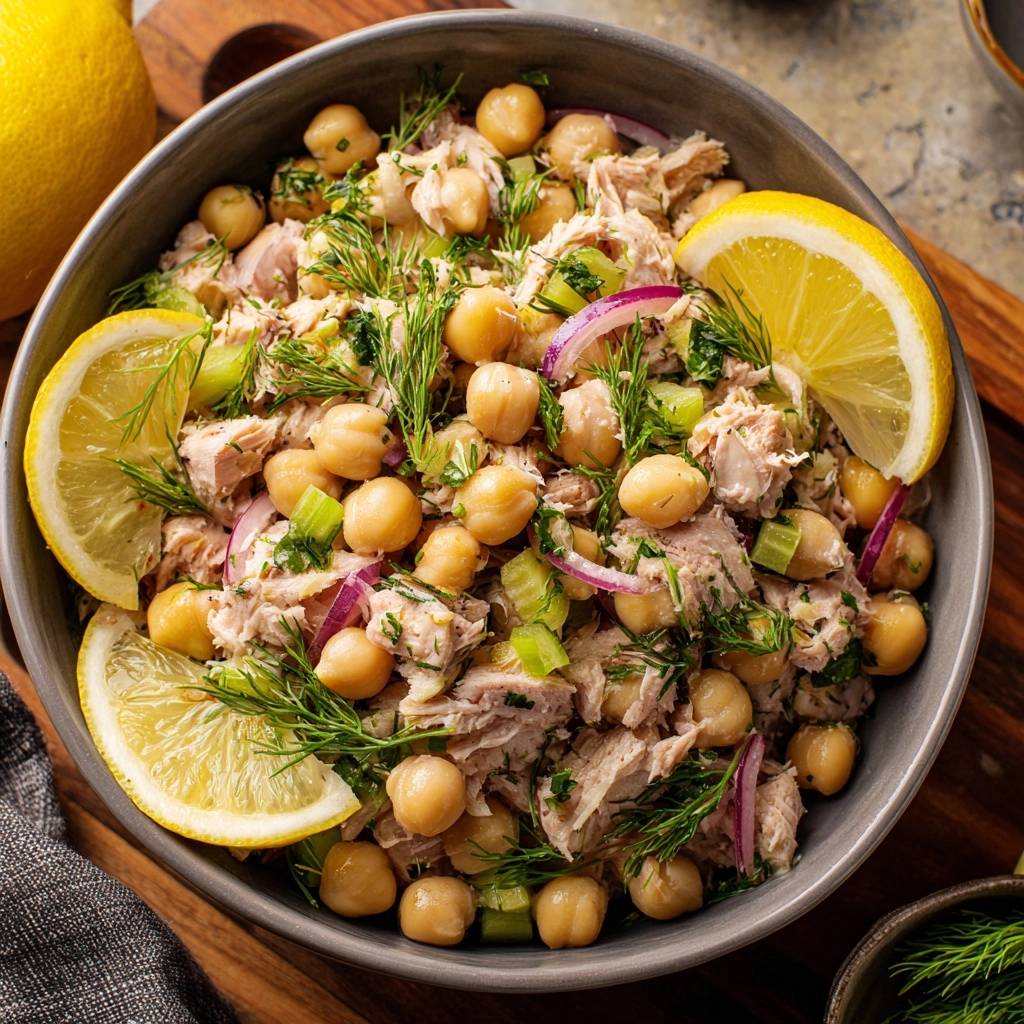 Frischer Thunfisch-Kichererbsen-Salat mit Dill, garniert mit Zitronenspalten und frischem Dill, in einer Schüssel serviert.
