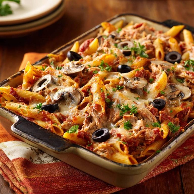Herzhafter Thunfisch-Pasta-Auflauf als Nahaufnahme mit geschmolzenem Käse, Oliven und frischer Petersilie garniert.