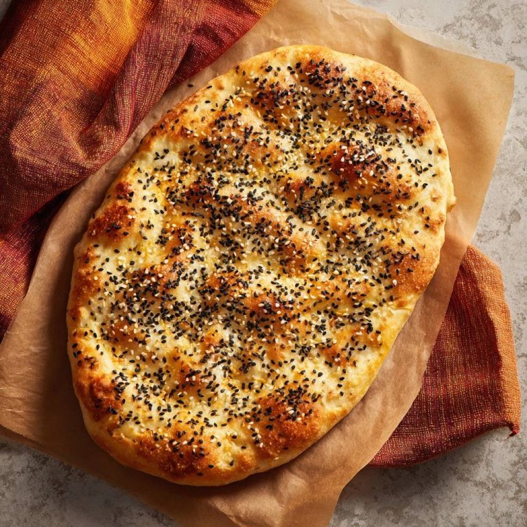 Traditionelles Fladenbrot mit Sesam und Schwarzkümmel, von oben fotografiert auf Backpapier mit Tuch