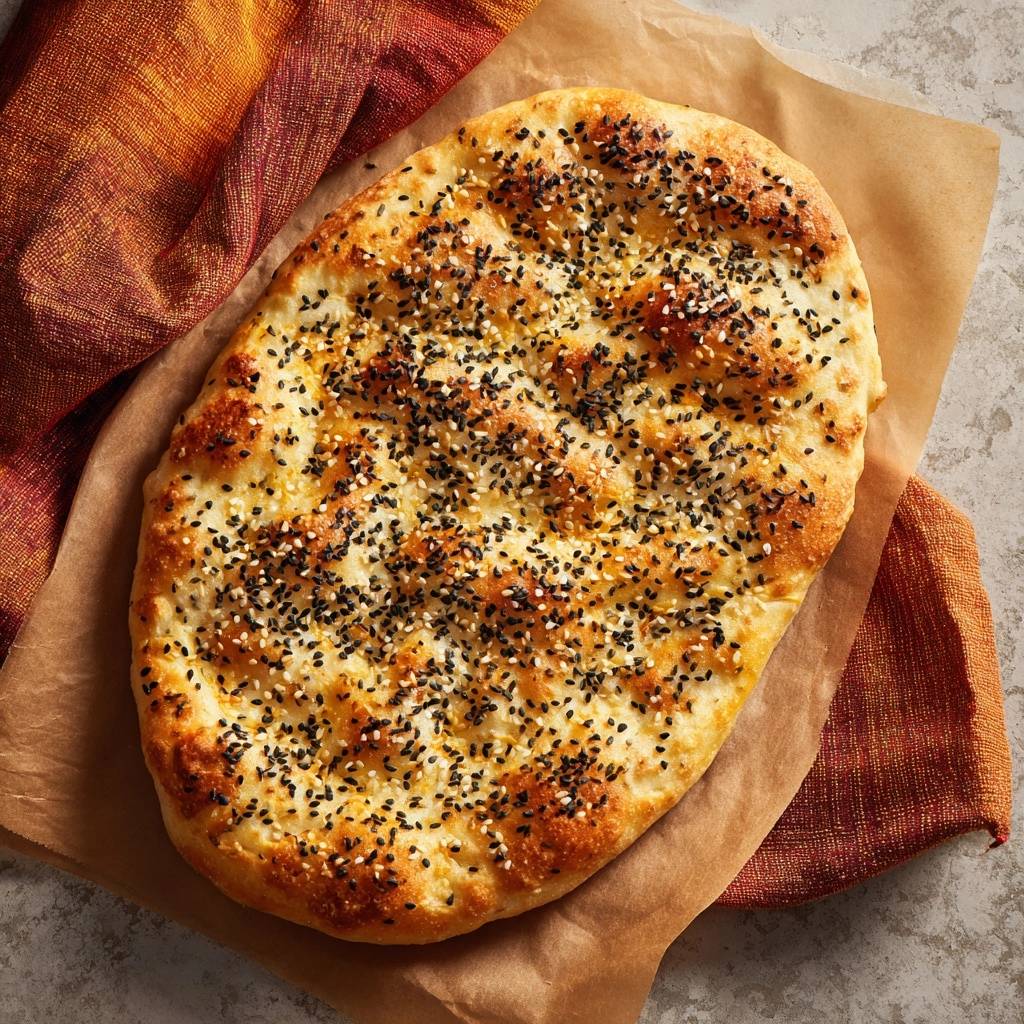 Traditionelles Fladenbrot mit Sesam und Schwarzkümmel, von oben fotografiert auf Backpapier mit Tuch