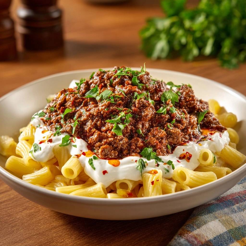 Türkische Kıymalı Rigatoni mit Joghurt, Nahaufnahme der saftigen Hackfleischsauce und cremigen Joghurt-Schicht auf Rigatoni.