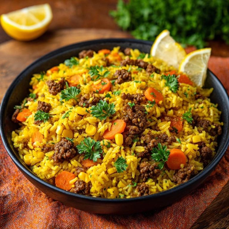 Türkischer Hackfleisch-Pilav mit Karotten & Mais, garniert mit frischer Petersilie und Zitronenspalten.