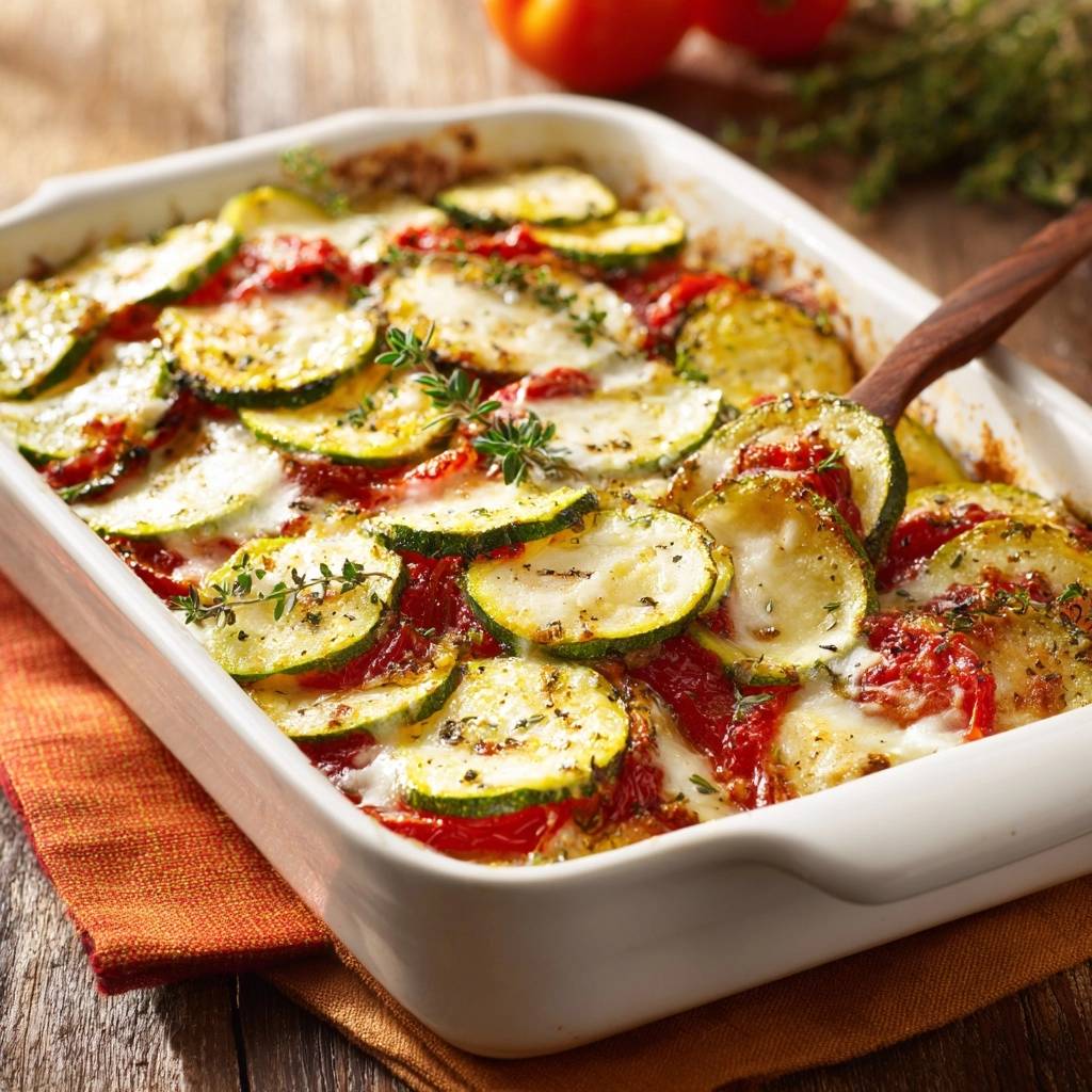 Überbackener Zucchini-Tomaten-Auflauf, nah aufgenommen mit einem hölzernen Servierlöffel, der aus dem Auflauf ragt.