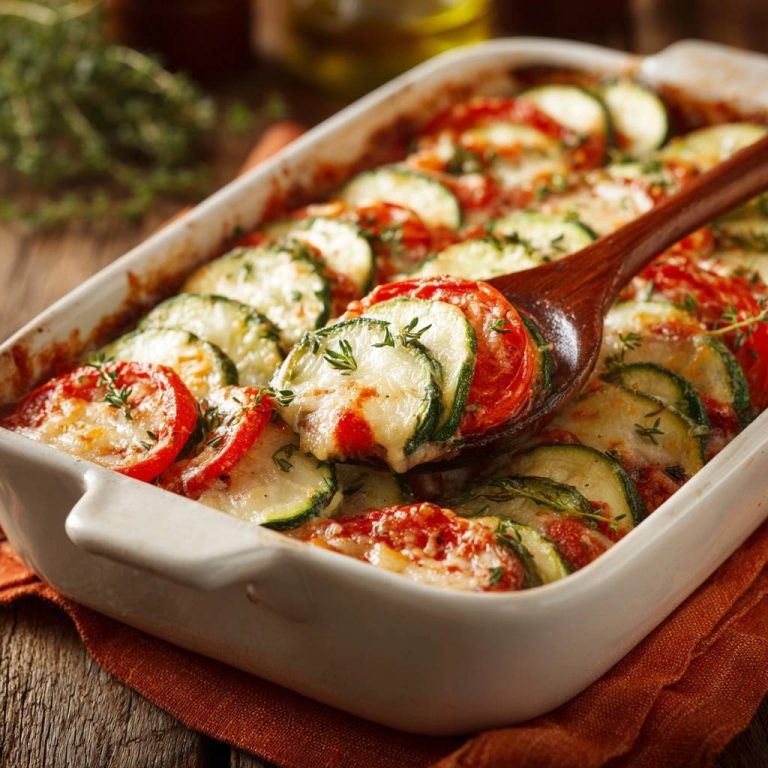 Überbackener Zucchini-Tomaten-Auflauf, mit einem Holzlöffel serviert, zeigt geschichtete Zucchini- und Tomatenscheiben mit geschmolzenem Käse.