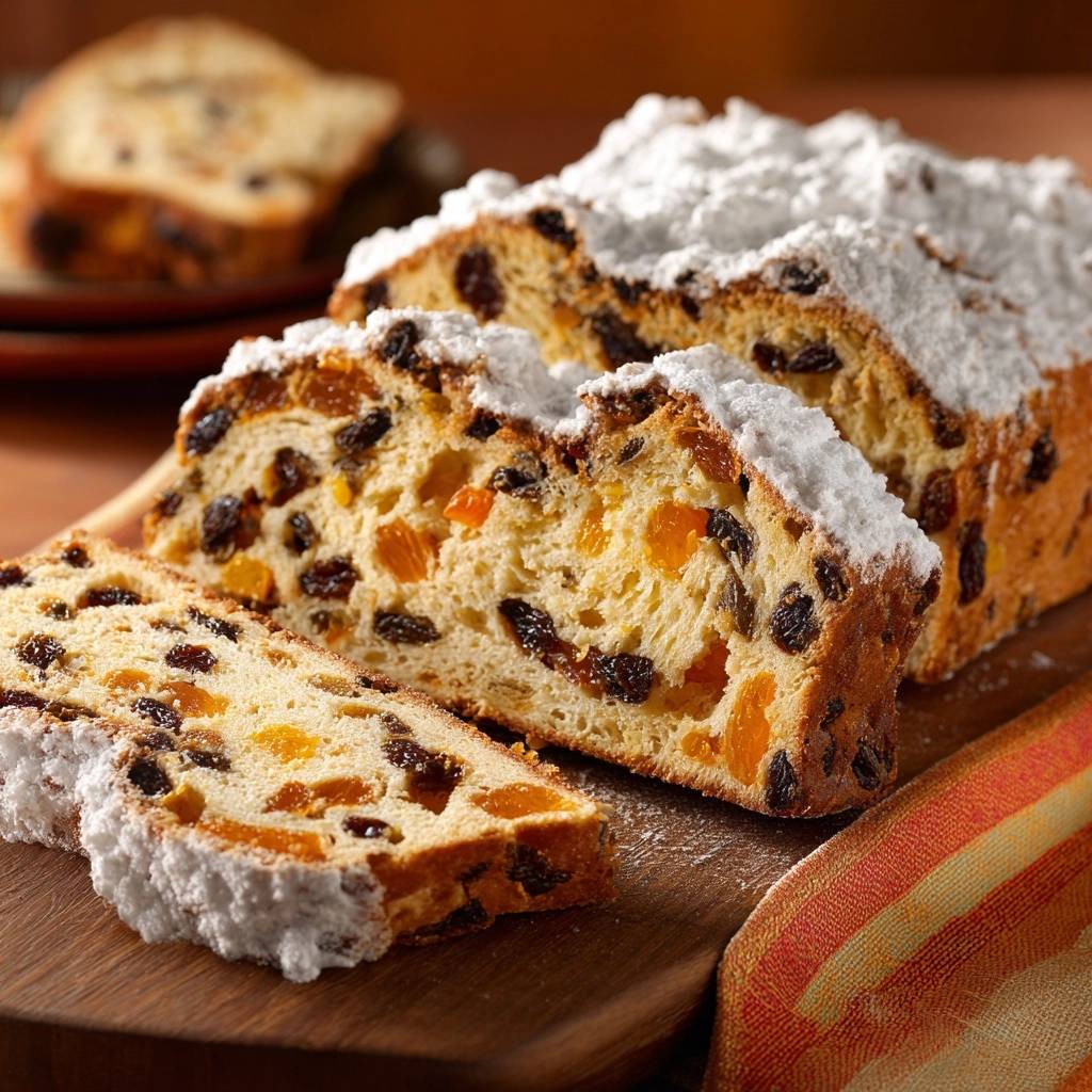 Weihnachtlicher Rosinen-Orangen-Stollen angeschnitten, mit Rosinen und kandierten Früchten, bestäubt mit Puderzucker.