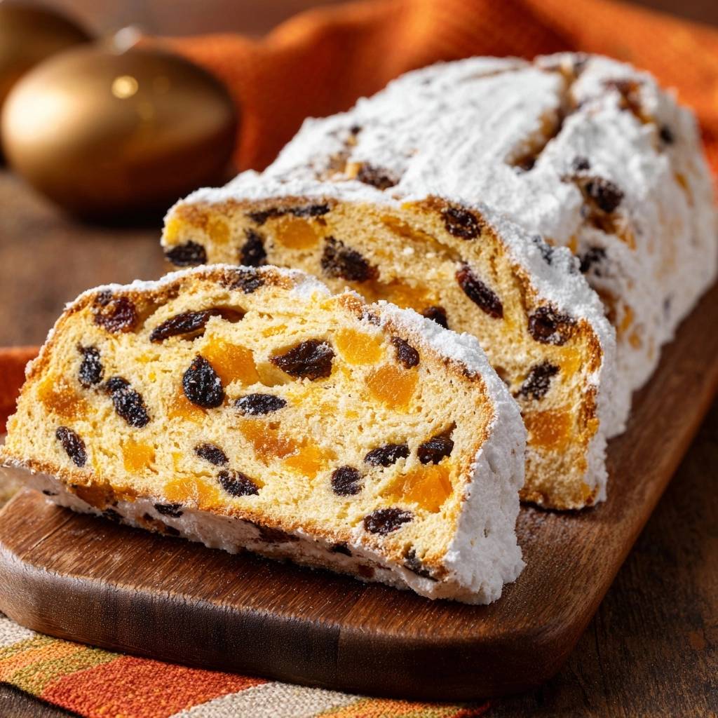 Weihnachtlicher Rosinen-Orangen-Stollen angeschnitten, zeigt saftige Rosinen und kandierte Früchte im Inneren.