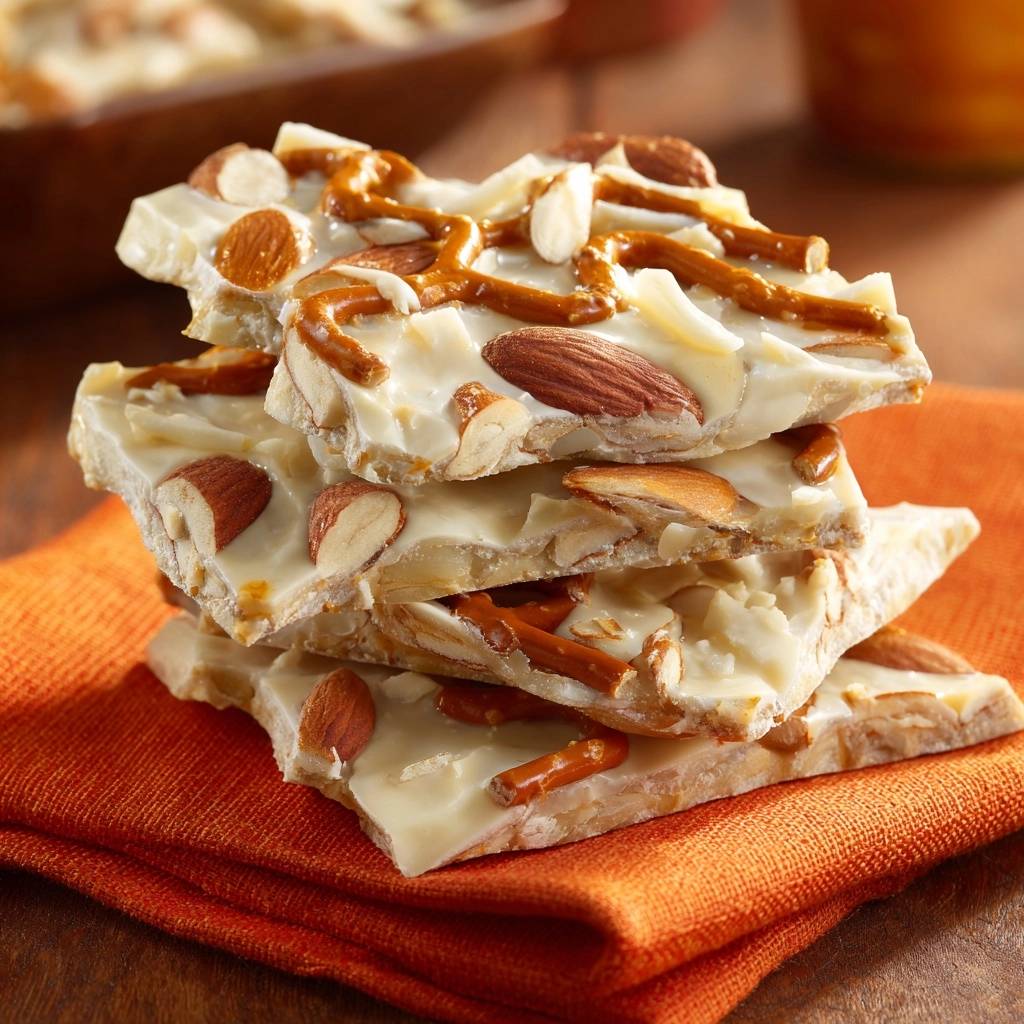 Weiße Schoko-Brezel-Bark mit Mandeln als Nahaufnahme gestapelt auf einem orangefarbenen Tuch.