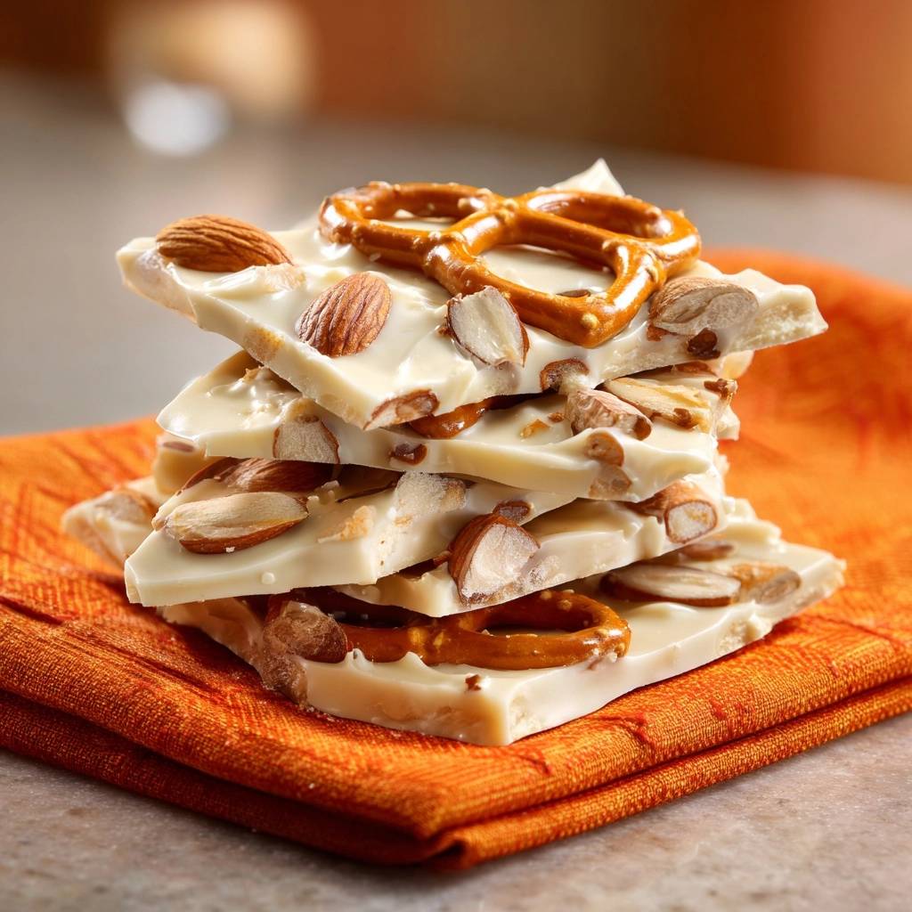 Weiße Schoko-Brezel-Bark mit Mandeln, gestapelt auf einem orangen Tuch mit Nahaufnahme der einzelnen Schichten.