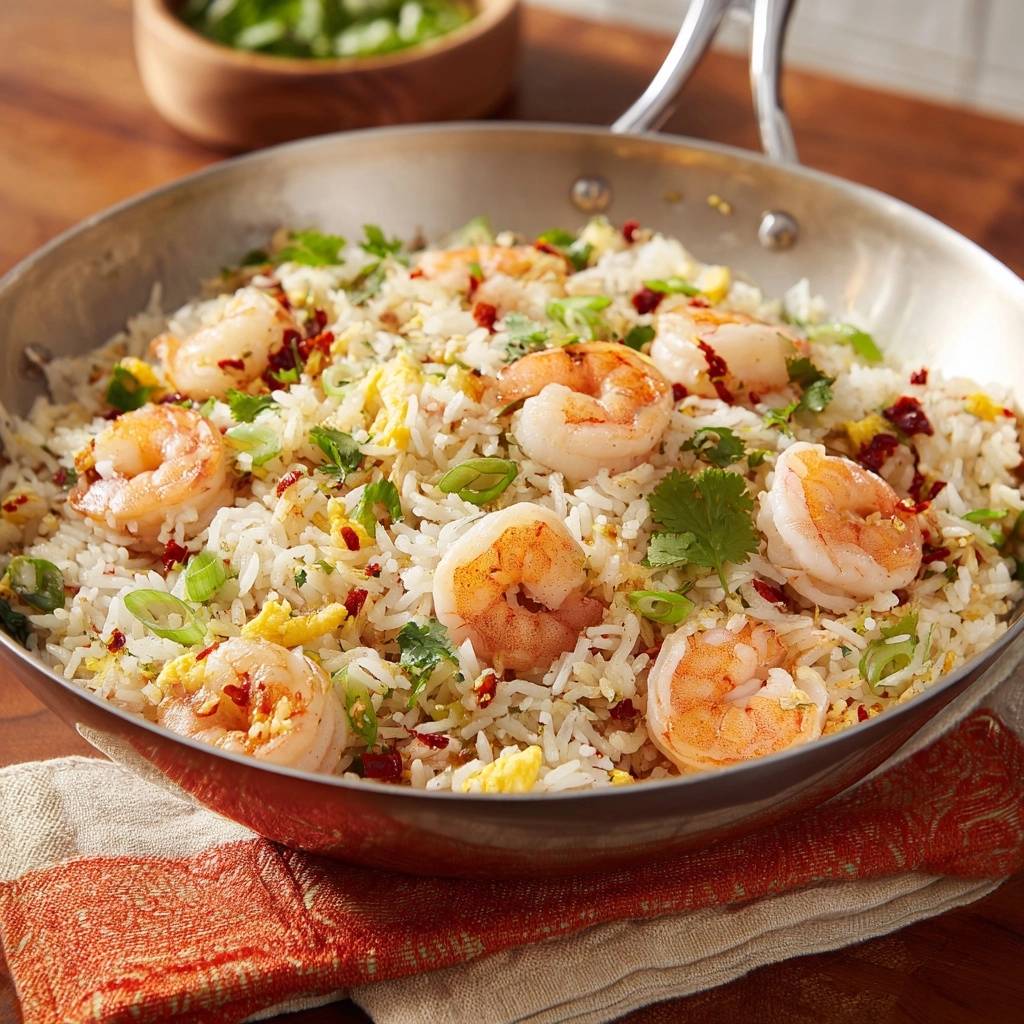 Wok-Garnelen-Fried-Rice, eine Nahaufnahme des Gerichts mit Garnelen und frischen Kräutern garniert.