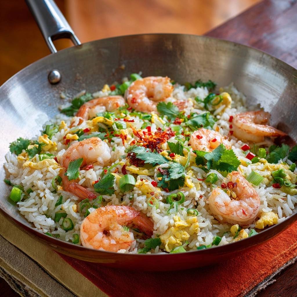 Wok-Garnelen-Fried-Rice nah aufgenommen mit Garnelen, Frühlingszwiebeln und Chili-Flocken, in einer Wok-Pfanne zubereitet.