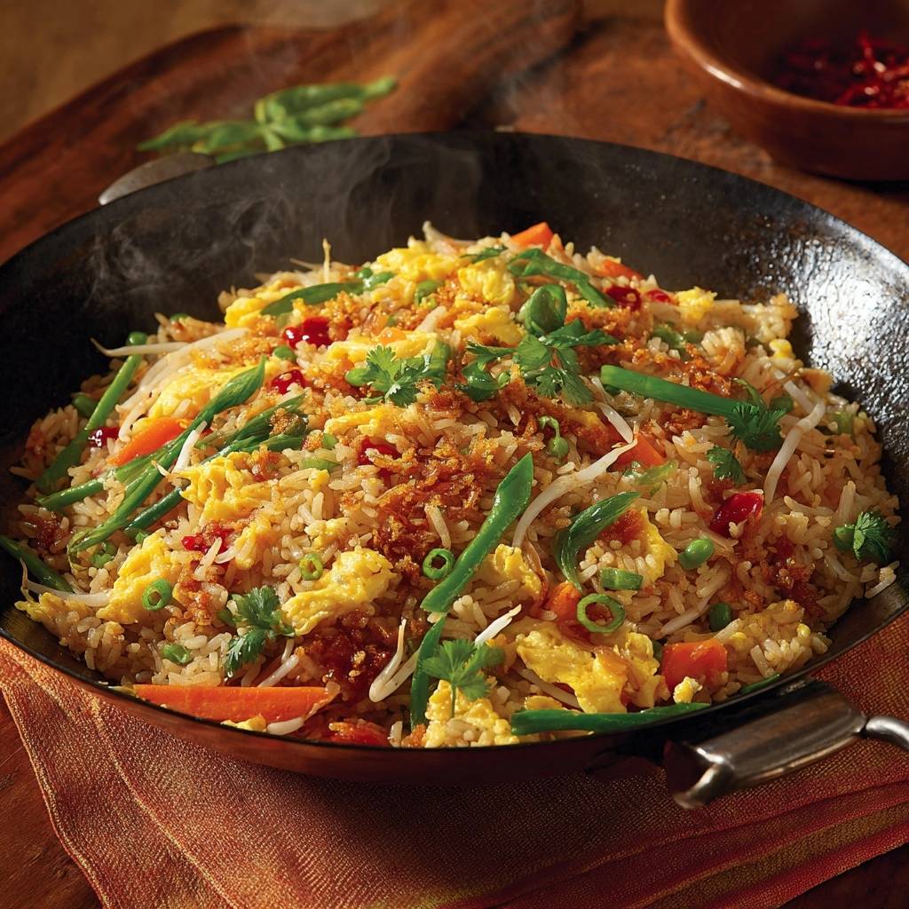 Wok-gebratener Reis mit Ei und Gemüse, dampfend in einer schwarzen Pfanne mit frischen Kräutern und Röstzwiebeln garniert.